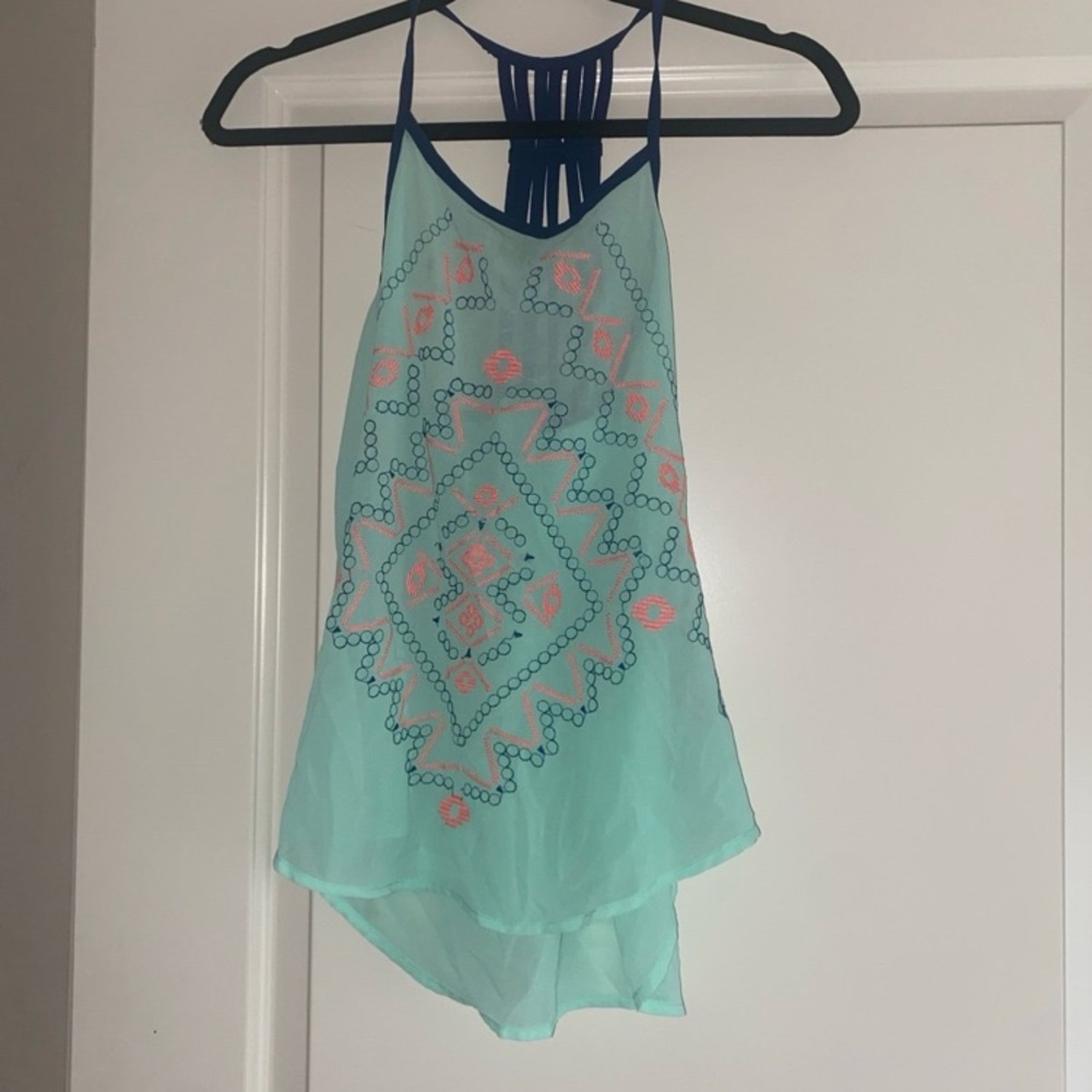 Retl$30 Med Light Aqua Embroidered High-Low Tank Top